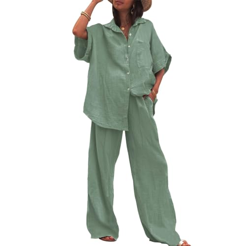 amropi Damen Kurzarm V-Ausschnitt Knopf Hemdoberteil Weite Bein Hosen Loungewear Set Lichtgrün,XL von amropi