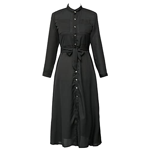 amropi Damen Lang Chiffon Kleider Abendkleid Knopf Langarm A-Linie Maxikleid mit Gürtel Schwarz,4XL von amropi