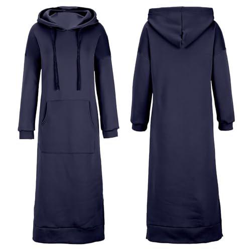 amropi Damen Lang Kapuzen-Sweatshirt Kleid Langarm Kapuzenpullover mit Känguru Tasche Dunkelblau,5XL von amropi