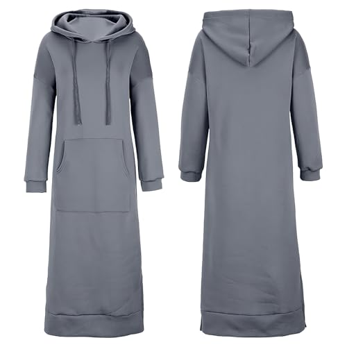 amropi Damen Lang Kapuzen-Sweatshirt Kleid Langarm Kapuzenpullover mit Känguru Tasche Hellgrau,XL von amropi