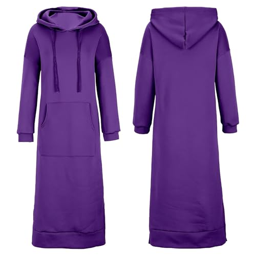 amropi Damen Lang Kapuzen-Sweatshirt Kleid Langarm Kapuzenpullover mit Känguru Tasche Lila,XXL von amropi