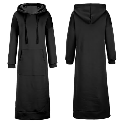 amropi Damen Lang Kapuzen-Sweatshirt Kleid Langarm Kapuzenpullover mit Känguru Tasche Schwarz,5XL von amropi