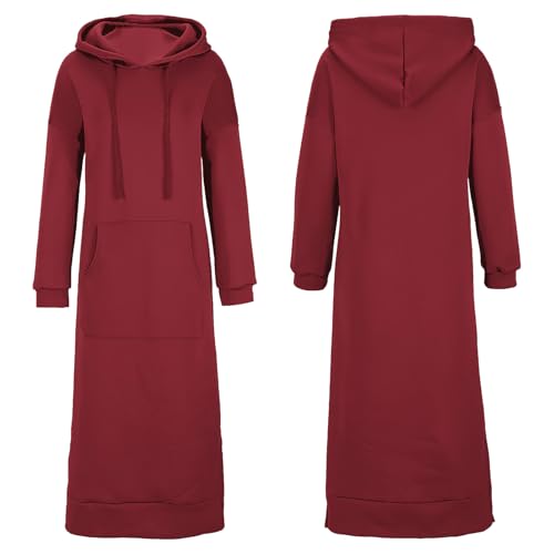amropi Damen Lang Kapuzen-Sweatshirt Kleid Langarm Kapuzenpullover mit Känguru Tasche Weinrot,L von amropi