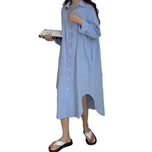 amropi Damen Maxi Hemd Kleid Lockere Langarm Knopf Bluse V-Ausschnitt Schlitz Lässig Kleider mit Gürtel Blau, L von amropi