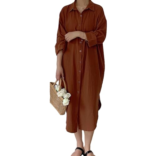 amropi Damen Maxi Hemd Kleid Lockere Langarm Knopf Bluse V-Ausschnitt Schlitz Lässig Kleider mit Gürtel Braun, XXL von amropi
