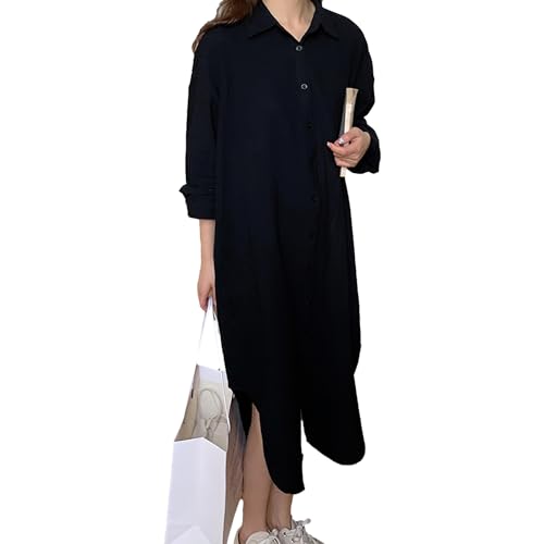 amropi Damen Maxi Hemd Kleid Lockere Langarm Knopf Bluse V-Ausschnitt Schlitz Lässig Kleider mit Gürtel Schwarz, XL von amropi