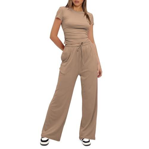 amropi Damen Rüschen T-Shirt Top und Weites Bein Lange Hosen Set Sommer Trainingsanzug Khaki,L amropi Damen Rüschen T-Shirt Top und Weites Bein Lange Hosen Set Sommer Trainingsanzug Khaki,L von amropi