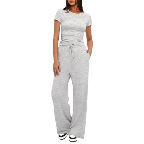 amropi Damen Rüschen T-Shirt Top und Weites Bein Lange Hosen Set Sommer Trainingsanzug Lichtgrau,S von amropi
