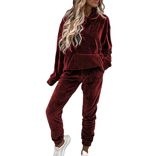 amropi Damen Samt Trainingsanzug Set Hoodie Sweatshirt und Jogginghose Warmer Jogginganzug Burgund, L von amropi