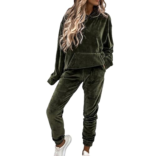 amropi Damen Samt Trainingsanzug Set Hoodie Sweatshirt und Jogginghose Warmer Jogginganzug Grün, L von amropi