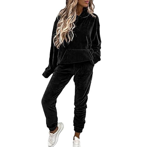 amropi Damen Samt Trainingsanzug Set Hoodie Sweatshirt und Jogginghose Warmer Jogginganzug Schwarz, L von amropi