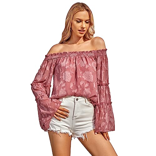 amropi Damen Schulterfreie Oberteile Chiffon Glockenärmel Bluse Elegant Sommer Tops Rosa, XL von amropi