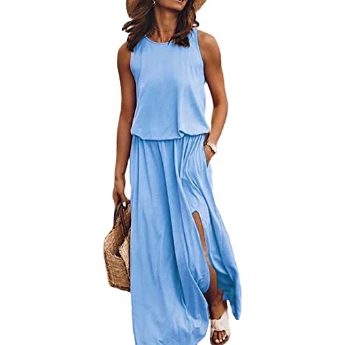 amropi Damen Sommer Casual Kleid Ärmelloses Lang Kleider Elegant Maxikleid Blau,3XL von amropi