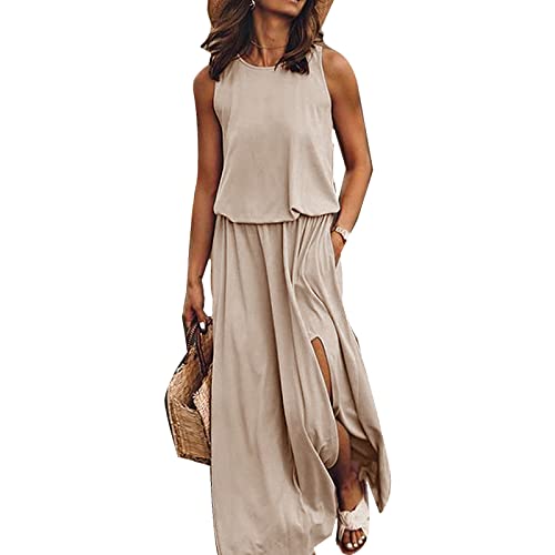 amropi Damen Sommer Casual Kleid Ärmelloses Lang Kleider Elegant Maxikleid Khaki,4XL von amropi