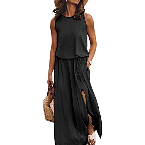 amropi Damen Sommer Casual Kleid Ärmelloses Lang Kleider Elegant Maxikleid Schwarz,M von amropi