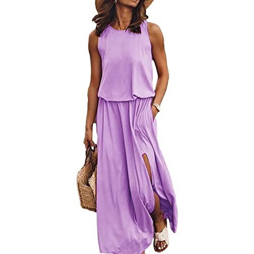 amropi Damen Sommer Casual Kleid Ärmelloses Lang Kleider Elegant Maxikleid Violett,4XL von amropi