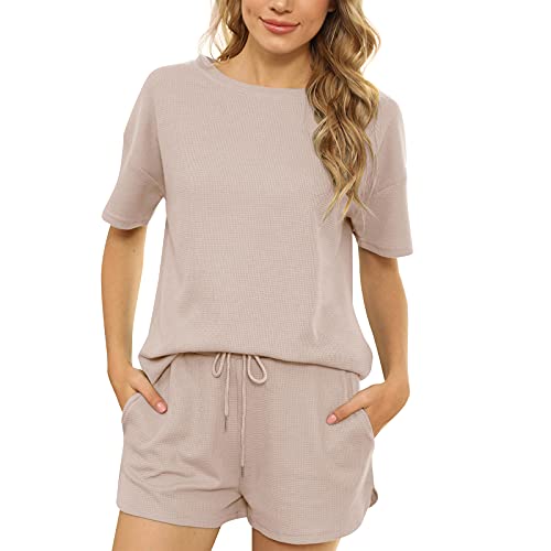 amropi Damen Stricken Schlafanzug Kurz Sommer Pyjama Set Top und Shorts Kurzarm Nachtwäsche Beige,XL von amropi