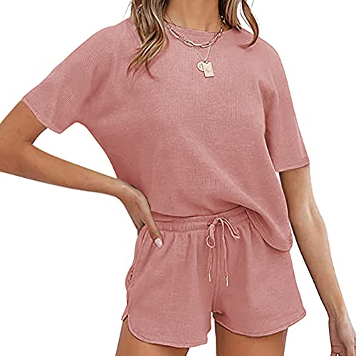 amropi Damen Stricken Schlafanzug Kurz Sommer Pyjama Set Top und Shorts Kurzarm Nachtwäsche Rosa,S von amropi