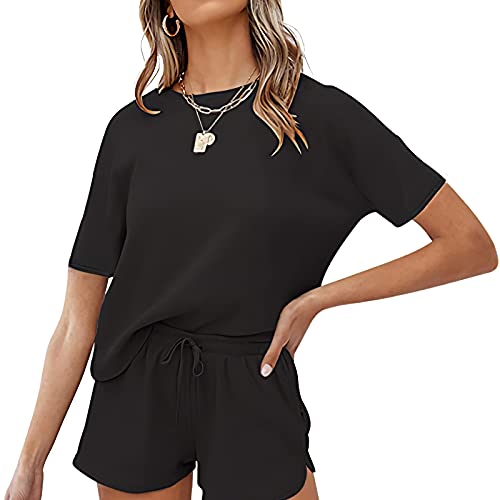 amropi Damen Stricken Schlafanzug Kurz Sommer Pyjama Set Top und Shorts Kurzarm Nachtwäsche Schwarz,L von amropi