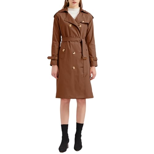 amropi Damen Trenchcoat Zweireihiger Revers Overcoat Gürtel Slim Oberbekleidung Mantel Braun, XS von amropi
