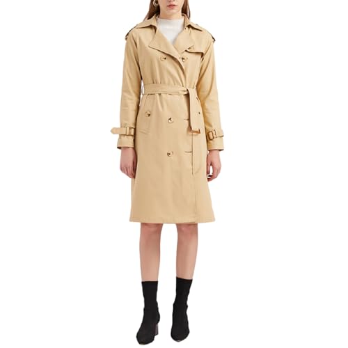 amropi Damen Trenchcoat Zweireihiger Revers Overcoat Gürtel Slim Oberbekleidung Mantel Khaki, XL von amropi