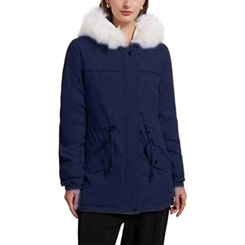 amropi Damen Winterparka Mantel Fell Gefüttert Winter Parka Jacke mit Kunstfell Kapuze Marine, M von amropi