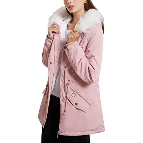 amropi Damen Winterparka Mantel Fell Gefüttert Winter Parka Jacke mit Kunstfell Kapuze Rosa, L von amropi