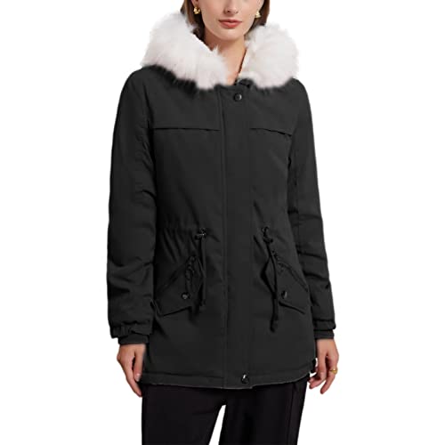 amropi Damen Winterparka Mantel Fell Gefüttert Winter Parka Jacke mit Kunstfell Kapuze Schwarz, L von amropi