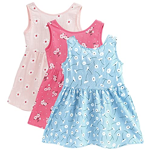 amropi Gänseblümchen 3er-Pack Kleider für Baby Mädchen Baumwolle Rüschenärmel Kleid Kinder L-R-B,18-24 Monate von amropi