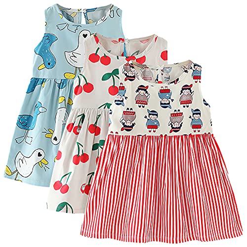 amropi Geblümt Kleider für Baby Mädchen Sommerkleid 3er Pack Ärmelloses Baumwolle Kleid Blau Beige Rot,0-6 Monate von amropi