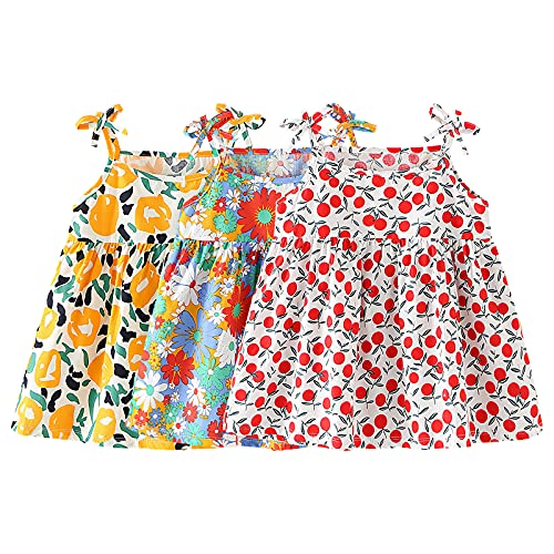 amropi Geblümt Kleider für Baby Mädchen Sommerkleid 3er Pack Ärmelloses Baumwolle Kleid Orange Rot Weiß,0-6 Monate von amropi