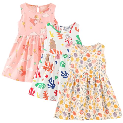 amropi Geblümt Kleider für Baby Mädchen Sommerkleid 3er Pack Ärmelloses Baumwolle Kleid Rosa Weiß Blume,18-24 Monate von amropi