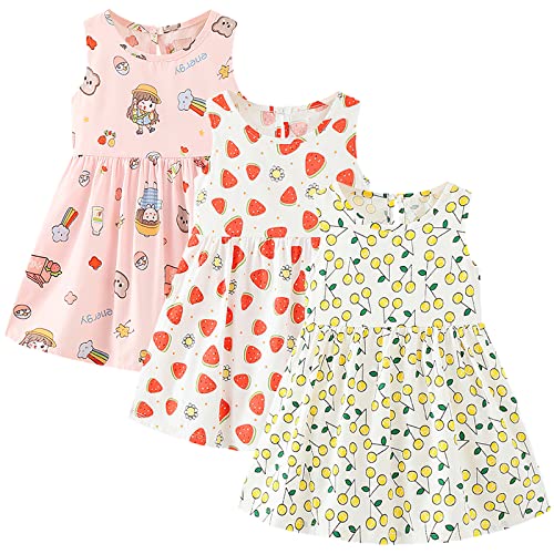 amropi Geblümt Kleider für Baby Mädchen Sommerkleid 3er Pack Ärmelloses Baumwolle Kleid Rosa Weiß Gelb,18-24 Monate von amropi