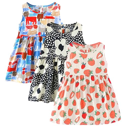 amropi Geblümt Kleider für Baby Mädchen Sommerkleid 3er Pack Ärmelloses Baumwolle Kleid Stil2,2-3 Jahre von amropi