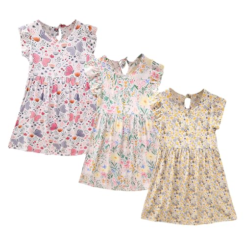 amropi Geblümt Kleider für Mädchen Sommerkleid 3er Pack Rüsche Ärmel Baumwolle Kleid Farbe01,8-9 Jahre von amropi