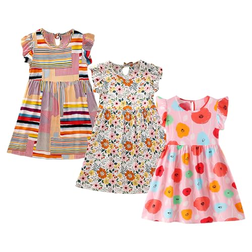 amropi Geblümt Kleider für Mädchen Sommerkleid 3er Pack Rüsche Ärmel Baumwolle Kleid Farbe02,5-6 Jahre von amropi