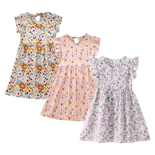 amropi Geblümt Kleider für Mädchen Sommerkleid 3er Pack Rüsche Ärmel Baumwolle Kleid Farbe03,7-8 Jahre von amropi