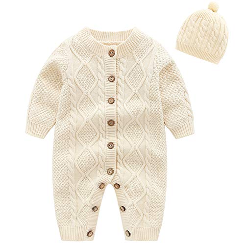 amropi Gestrickte Strampler Baby Mädchen Spieler und Mütze Strickanzug Schneeanzug Overalls Beige,0-6 Monate von amropi