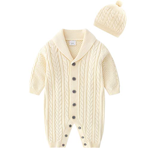 amropi Gestrickte Strampler Baby Mädchen Spieler und Mütze Strickanzug Schneeanzug Overalls Beige-1,3-6 Monate von amropi