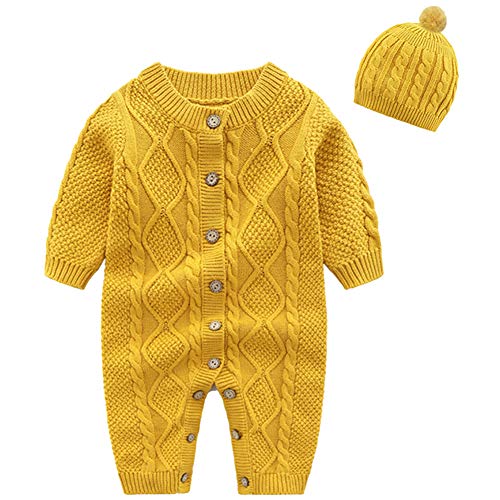 amropi Gestrickte Strampler Baby Mädchen Spieler und Mütze Strickanzug Schneeanzug Overalls Gelb,12-18 Monate von amropi