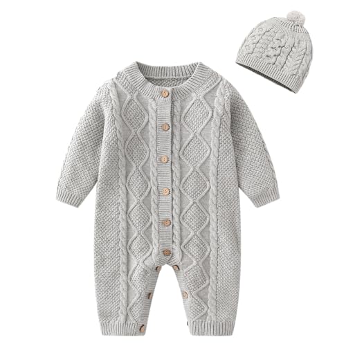 amropi Gestrickte Strampler Baby Mädchen Spieler und Mütze Strickanzug Schneeanzug Overalls Grau,0-6 Monate von amropi