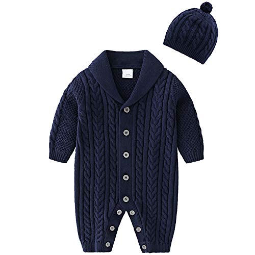 amropi Gestrickte Strampler Baby Mädchen Spieler und Mütze Strickanzug Schneeanzug Overalls Marine,0-6 Monate von amropi