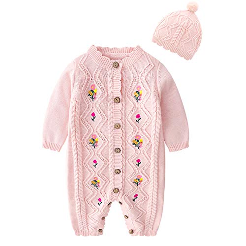 amropi Gestrickte Strampler Baby Mädchen Spieler und Mütze Strickanzug Schneeanzug Overalls Rosa,3-6 Monate von amropi