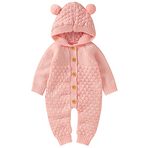 amropi Gestrickte Strampler Baby Mädchen Spieler und Mütze Strickanzug Schneeanzug Overalls Rosa,6-12 Monate von amropi