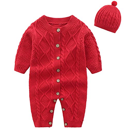 amropi Gestrickte Strampler Baby Mädchen Spieler und Mütze Strickanzug Schneeanzug Overalls Rot,6-12 Monate von amropi