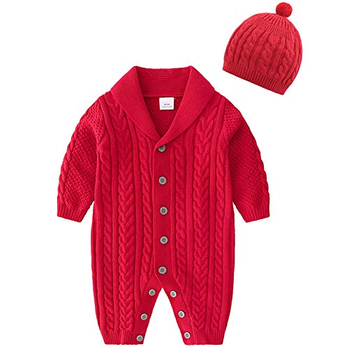 amropi Gestrickte Strampler Baby Mädchen Spieler und Mütze Strickanzug Schneeanzug Overalls Rot-1,3-6 Monate von amropi