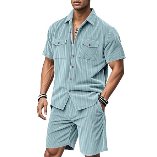 amropi Herren Cord Shorts Sets 2 Stück Kurzarm Knopf Hemd Sommer Sportanzug Trainingsanzug Hellblau, S von amropi