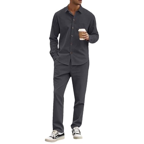 amropi Herren Cord Trainingsanzug Langarm Knopf Hemd und Hose 2 Teiliges Kleidung Set Grau, XXL von amropi