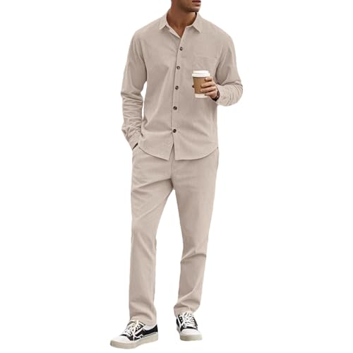 amropi Herren Cord Trainingsanzug Langarm Knopf Hemd und Hose 2 Teiliges Kleidung Set Khaki, XXL von amropi