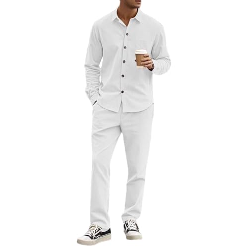 amropi Herren Cord Trainingsanzug Langarm Knopf Hemd und Hose 2 Teiliges Kleidung Set Weiß, L von amropi